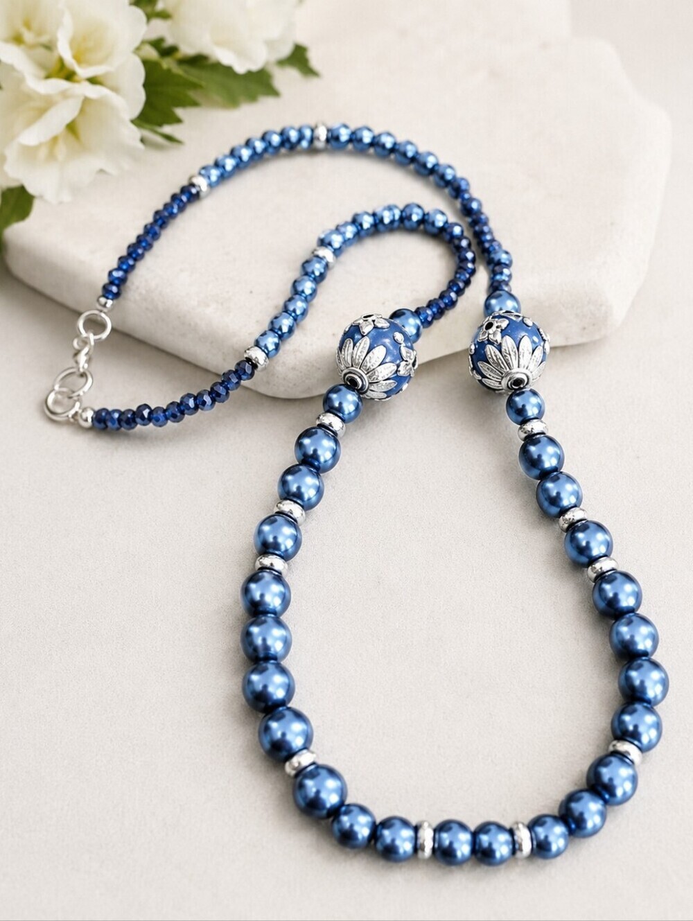 Blue Beaded Necklace with Large Accent Beads